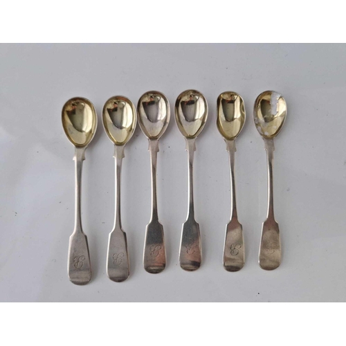 1102 - Set of six Newcastle egg spoons with gilt bowls By I W 104gms