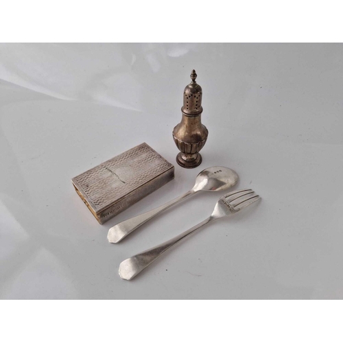 1111 - Childs Spoon & Fork and Caster 85g PLUS and EP Match Box Holder