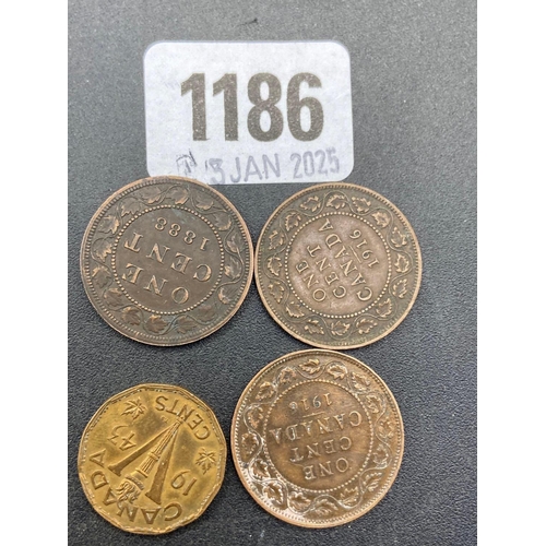 1186 - Canada one cent 1888, 1916, & 1916 & 5 cents 1943