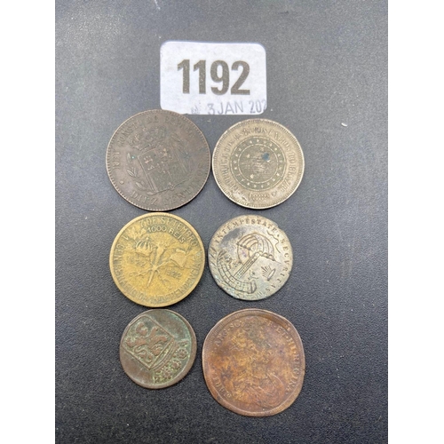 1192 - Six old coins & medals