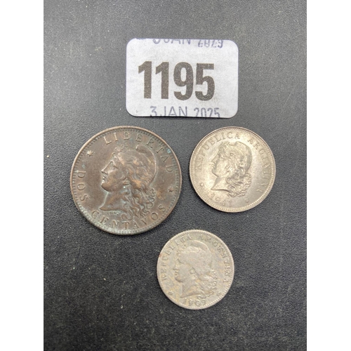 1195 - Three Argentine coins including 50 centavos 1941