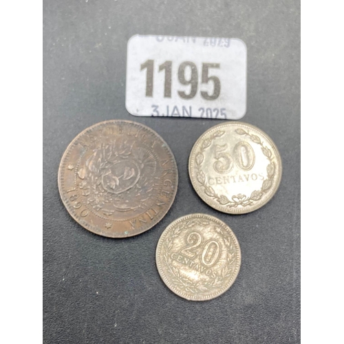 1195 - Three Argentine coins including 50 centavos 1941