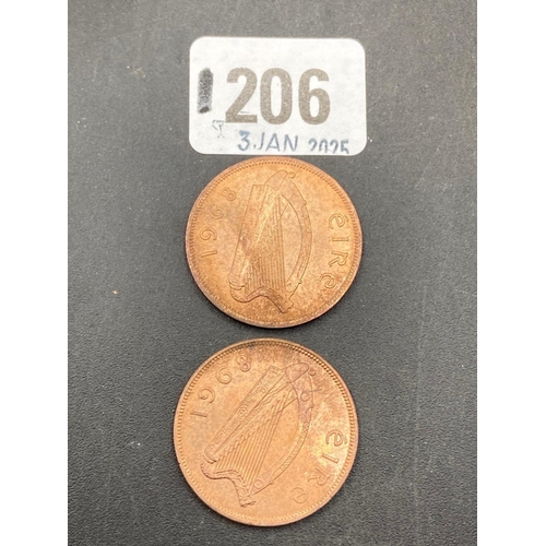 1206 - IRISH - Two 1968 proof like pennies