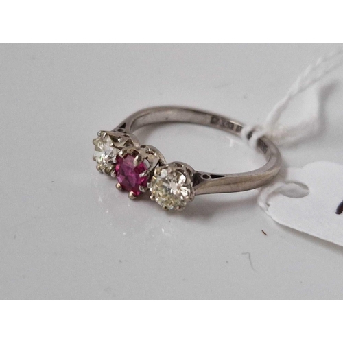 131 - Antique Burma ruby and diamond 3 stone ring set in 18ct white gold, the diamonds weigh a total of 0.... 