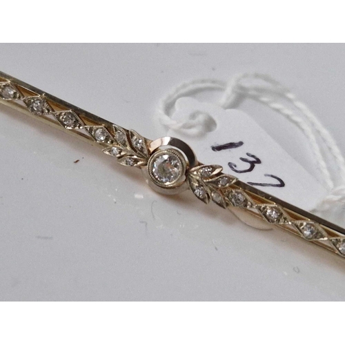 132 - Antique Edwardian 18ct gold platinum topped bar brooch set with diamonds throughout, length 68mm