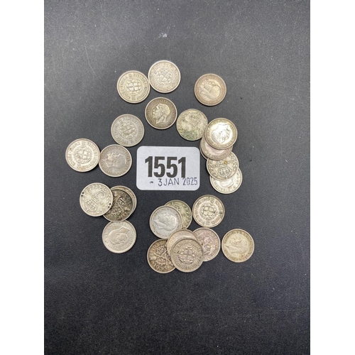 1551 - Bag of 20 UK silver three pence's