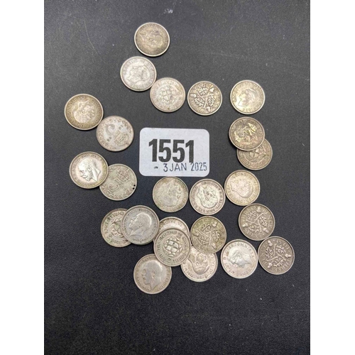 1551 - Bag of 20 UK silver three pence's