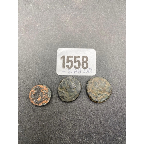 1558 - Three small antique Greek bronze coins