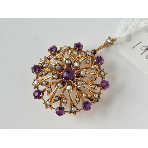 190 - A CIRCULAR PENDANT WITH PEARLS AND AMETHYSTS 15CT GOLD 7.7 GMS