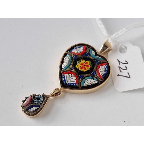 227 - A gold and micro mosaic heart pendant 5 cm