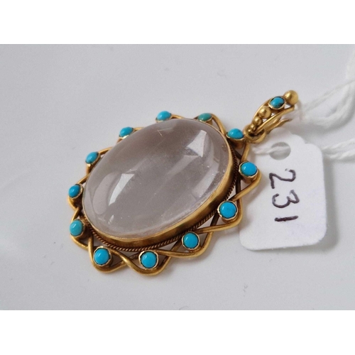 231 - Antique Victorian 15ct rock crystal oval cabochon pendant with turquoise highlights around the edge,... 