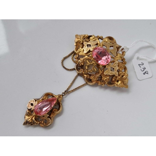 238 - Antique Victorian large 15ct brooch drop pendant set with pink gemstones of a topaz colour, 65 x 105... 