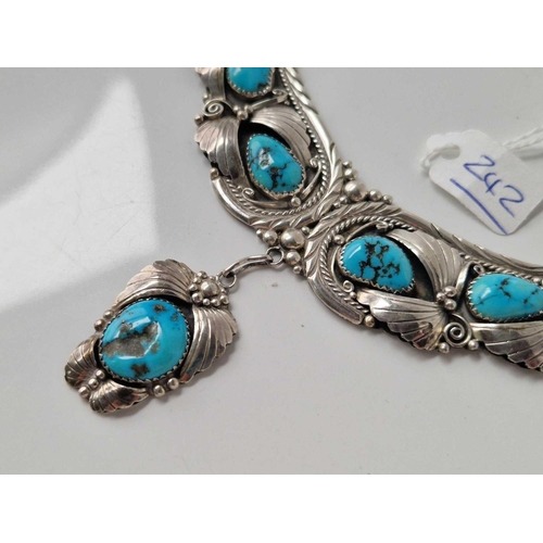 242 - A stunning silver signed navajo necklace set with turquoise 16 inch 49 gms