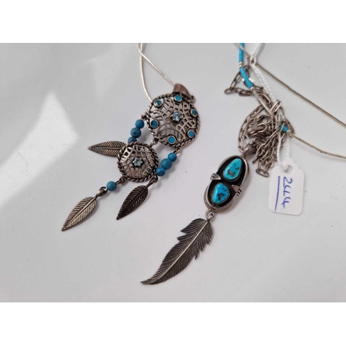 244 - Two silver and turquoise vintage signed dream catcher necklaces