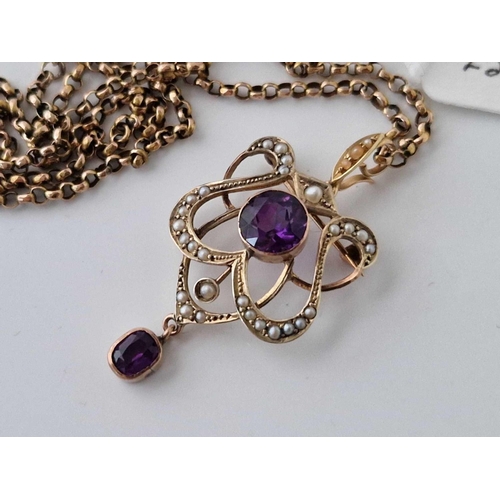 253 - A art nouveau amethyst and pearl pendant necklace 9ct 17 inch