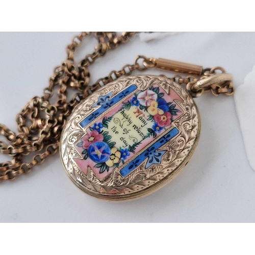 257 - A Victorian 9ct back and front enamel many happy returns locket on Victorian yellow metal chain 16 i... 