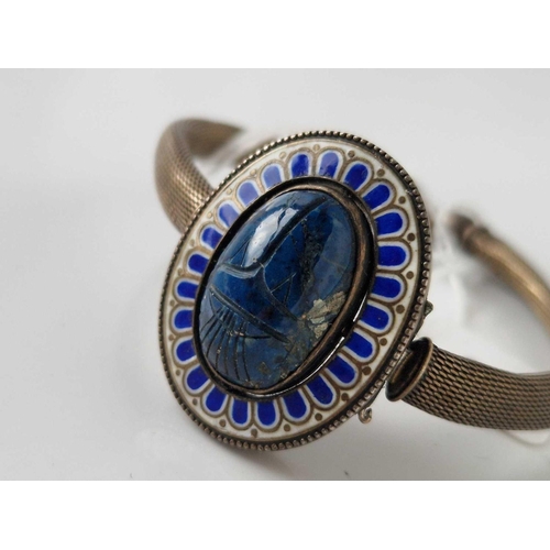 300 - A silver and enamel scarab bracelet dented