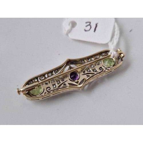 31 - Antique Edwardian suffragette brooch set with diamonds, peridots and amethyst