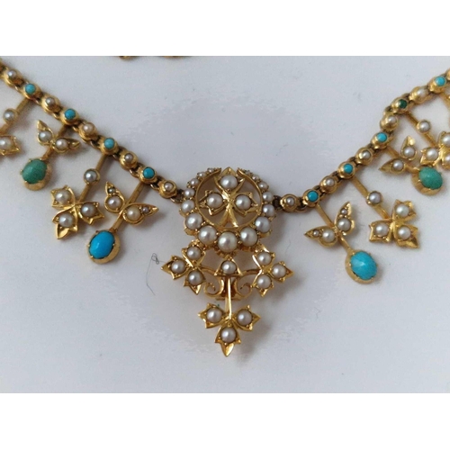 333 - A ANTIQUE EDWARDIAN 15CT GOLD HALF PEARL AND TURQUOISE SET NECKLACE