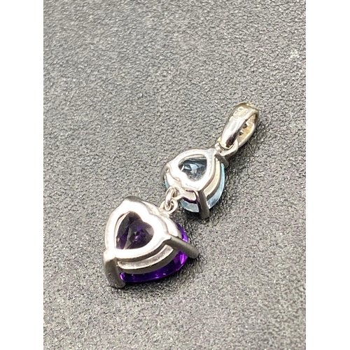 345 - A nice amethyst aquamarine and diamond heart shaped double drop pendant