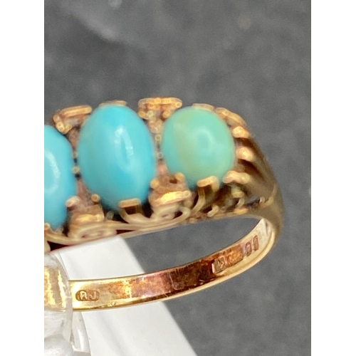 349 - A antique fine turquoise five stone ring on hand carved mount 9ct Size N  3.3g