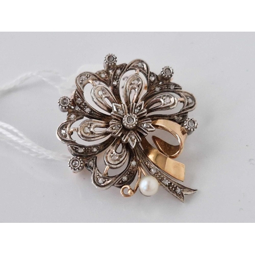 353 - A 1940s continental gold and silver set rose diamond and pearl brooch 11.7 gms boxed