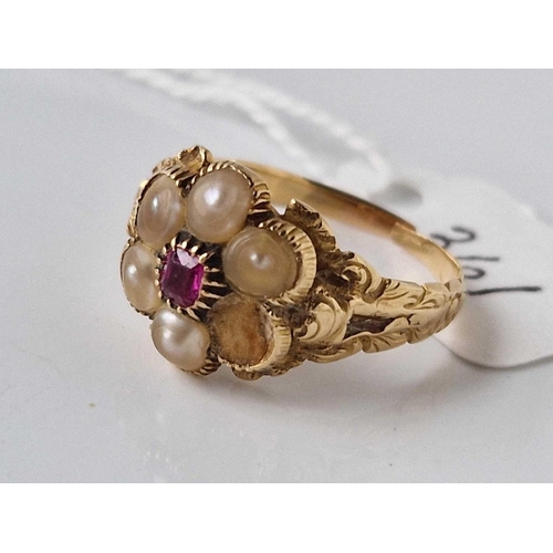 361 - A regency gold ruby and pearl ring AF size O 3.5 gms