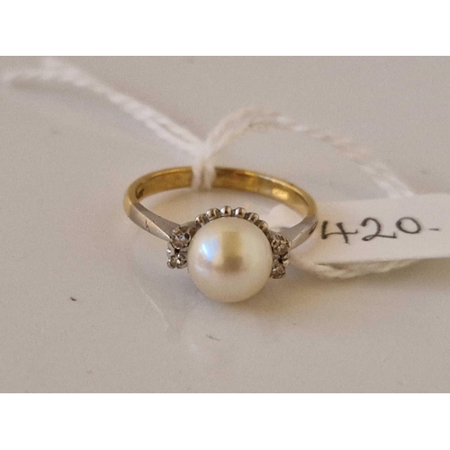 420 - A pearl and diamond cluster ring 18ct gold size N 3.8 gms