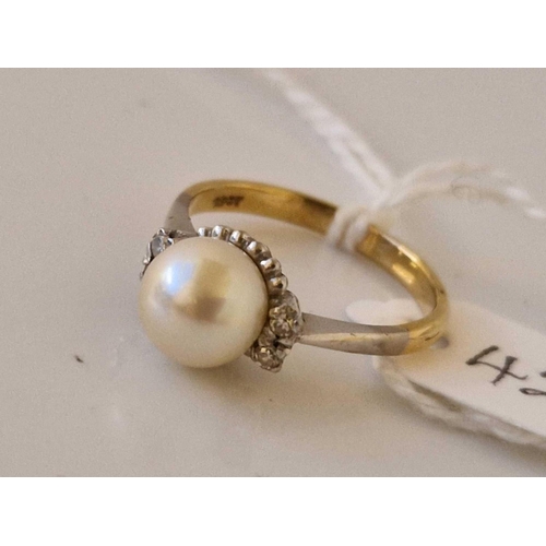 420 - A pearl and diamond cluster ring 18ct gold size N 3.8 gms