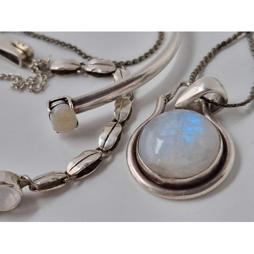 442 - A sterling silver moonstone necklaces and bracelet and silver and opal bangle