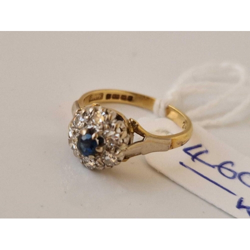 460 - A SAPPHIRE AND DIAMOND CLUSTER RING 18CT GOLD SIZE K 3.1 GMS