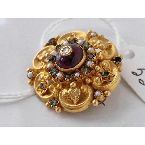 53 - A EARLY VICTORIAN BROOCH SET WITH CABOCHON GARNET EMERALDS AND PEARLS 18CT GOLD TESTED 7.7 GMS BOXED