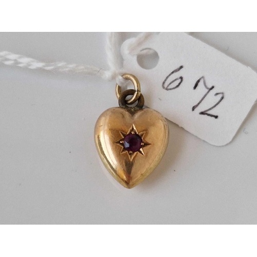 672 - A antique heart charm with ruby 15ct gold 1.7 gms