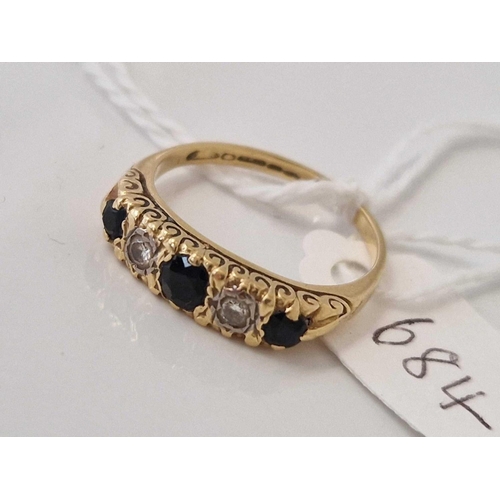 684 - A sapphire and diamond five stone ring 18ct gold size N 3.5 gms