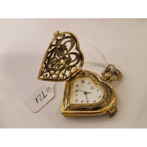 721 - Ornate Fancy Opening Heart Shaped Travelling Watch Locket Working on Gilt Metal