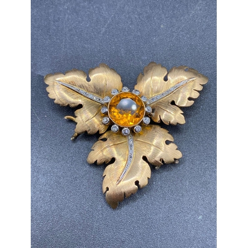 750 - A DIAMOND AND GEM ORANGE CITRINE LEAF BROOCH PENDANT 18CT GOLD