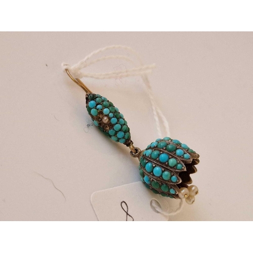 8 - A antique single turquoise and pearl snow drop earring suitable as a pendant