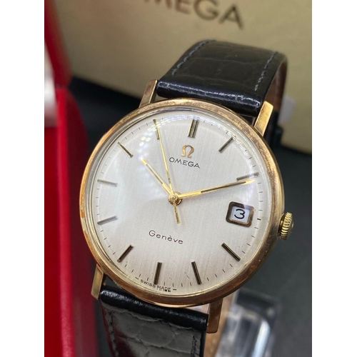 806 - A GENTS OMEGA GENEVE DATE WRIST WATCH WITH SECONDS SWEEP AND DATE APERTURE 9CT BOXED