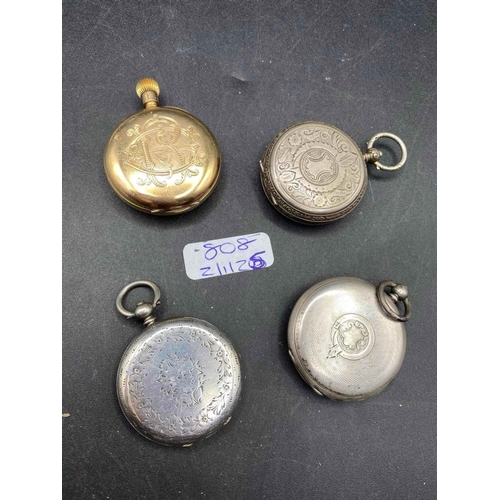 808 - Three ladies silver fob watches and a gilt example