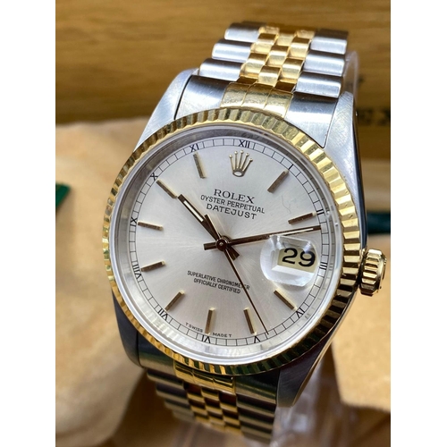 820 - A BI METAL ROLEX OYSTER PERPETUAL WRIST WATCH WITH SECONDS SWEEP AND DATE APERTURE ON ORIGINAL STRAP... 