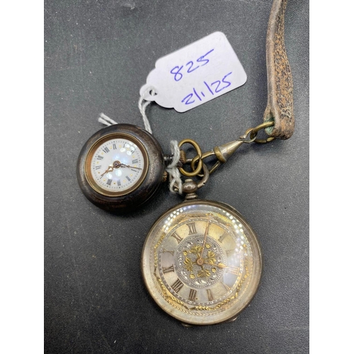 825 - A silver fob watch and one other on leather strap