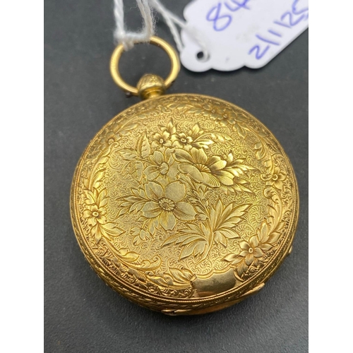 846 - A ATTRACTIVE GOLD LADIES FOB WATCH BY C F McGRATH OF LONDON IN 18CT GOLD WITH FANCY FLORAL DESIGN CA... 