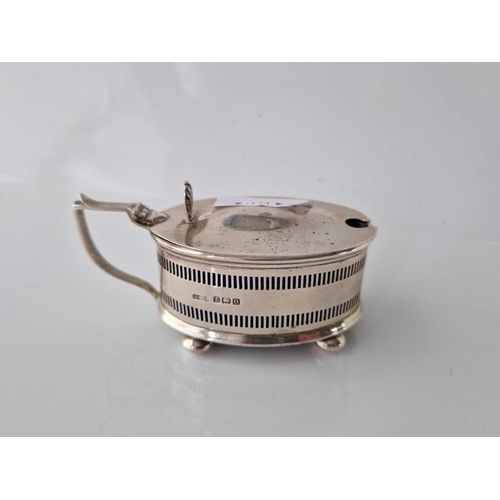 924 - Oval mustard pot with pierced decoration. Birmingham 1938. 44gms excl BGL