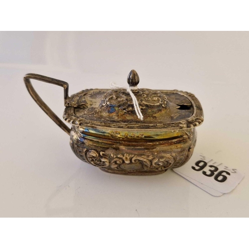 936 - Oval mustard pot with embossed body. Birmingham 1899 By I W 59gms