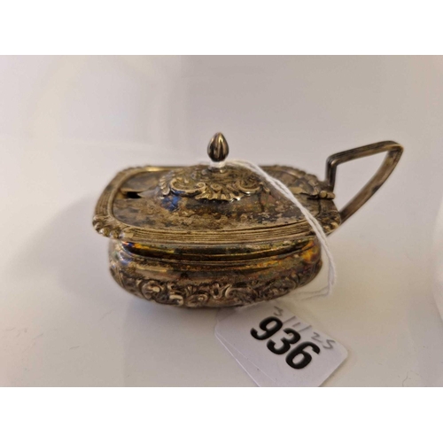 936 - Oval mustard pot with embossed body. Birmingham 1899 By I W 59gms