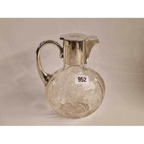 952 - Silver mounted cut glass claret jug with loop handle . Sheffield 1905 By W & H