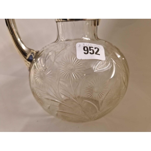 952 - Silver mounted cut glass claret jug with loop handle . Sheffield 1905 By W & H