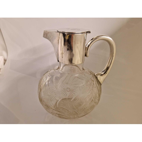 952 - Silver mounted cut glass claret jug with loop handle . Sheffield 1905 By W & H