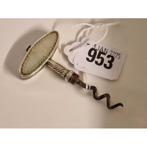 953 - Georgian silver and carved M O P small corkscrew. Unmarked. 2.75 in long