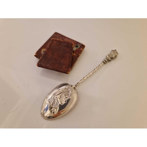 955 - Tiny photo frame and mounted sent bottle and a commemorative spoon 1901